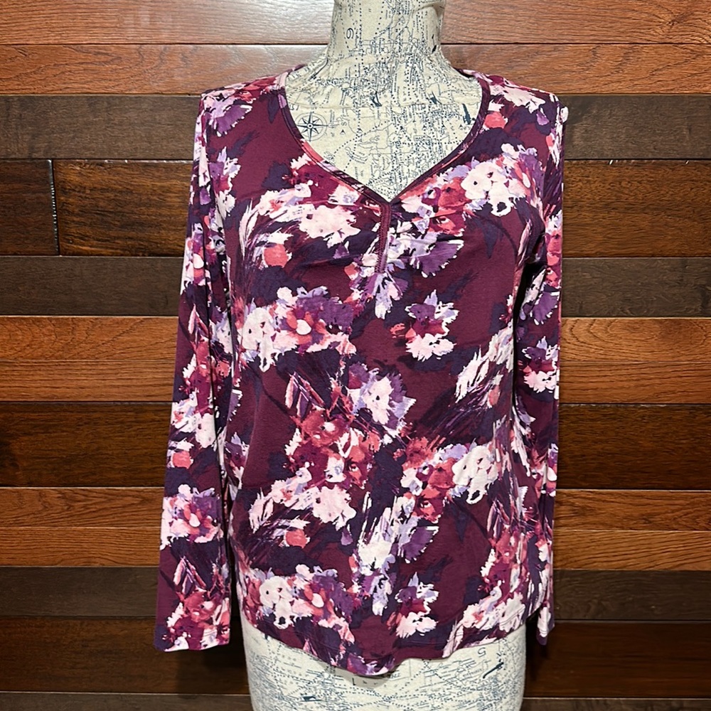 St. John's Bay V Neck Long Sleeve Purple and Pink Floral Tee Shirt